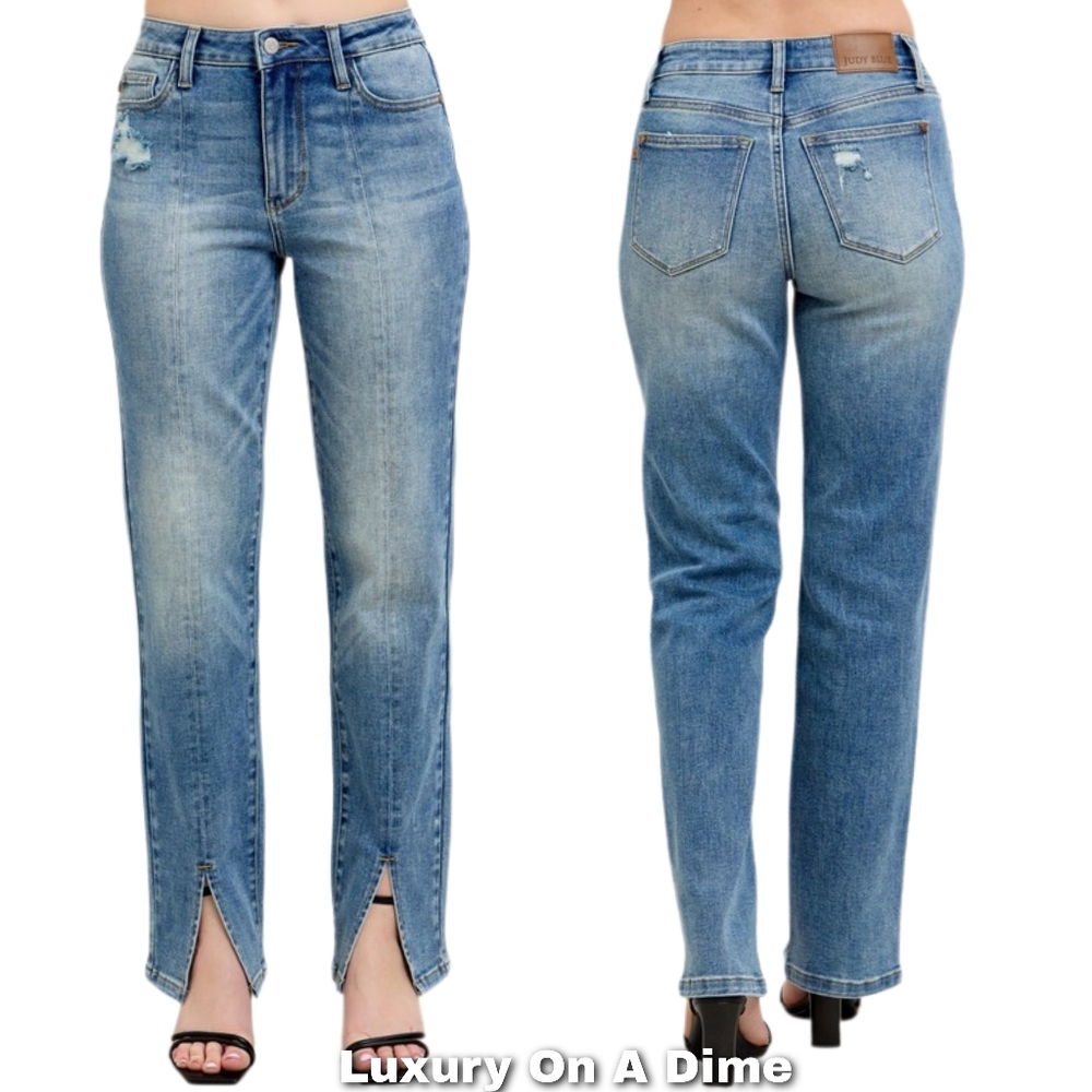 Judy Blue High-Rise Split Hem Distressed Straight Leg Boyfriend Jeans Denim Pant